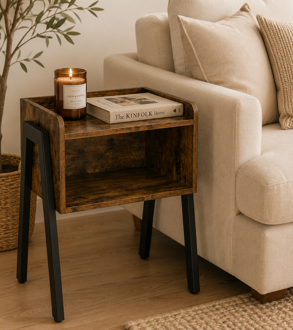Classic Mahogany Side Table with Open Storage and Steel Legs