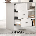 Computer Desk, Writing Table, PC Workstation with 3 Storage Shelves and Drawers, Silver Handle, for Home Office, White