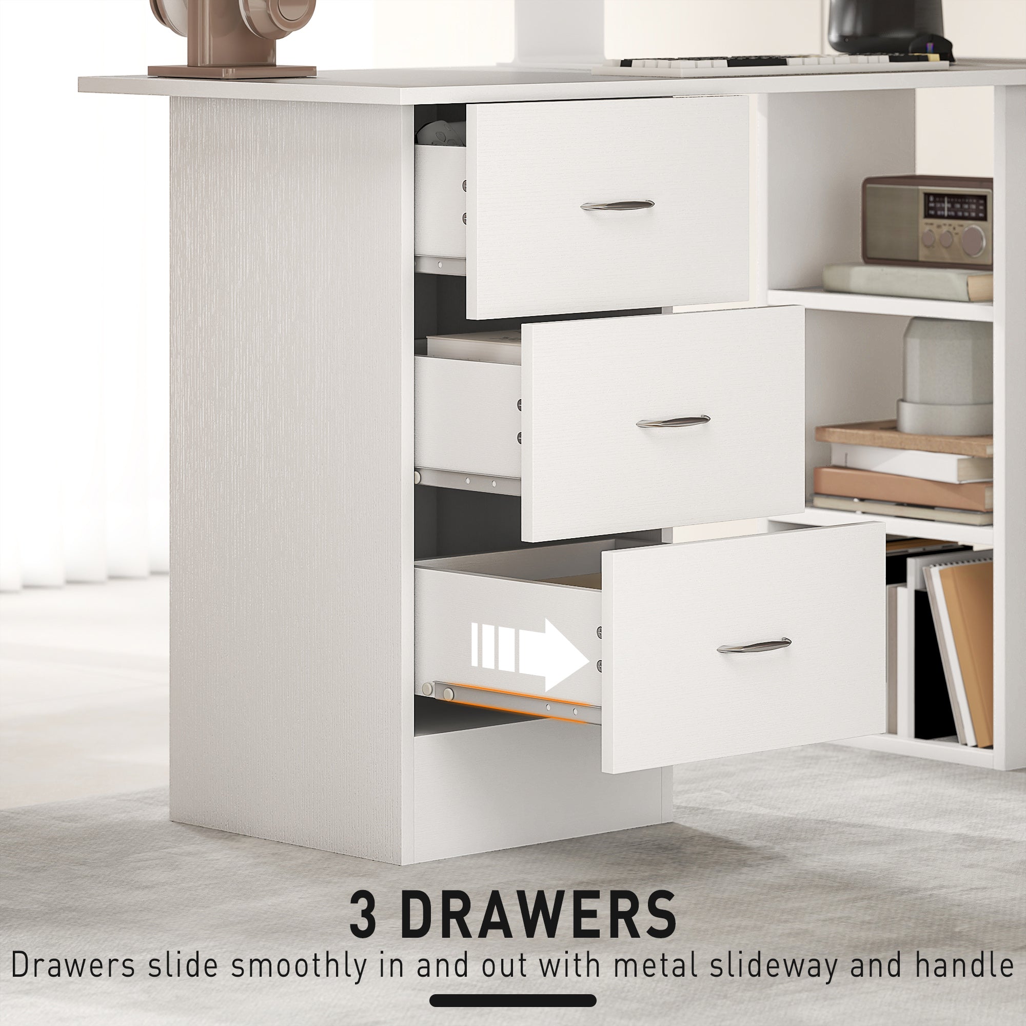 Computer Desk, Writing Table, PC Workstation with 3 Storage Shelves and Drawers, Silver Handle, for Home Office, White