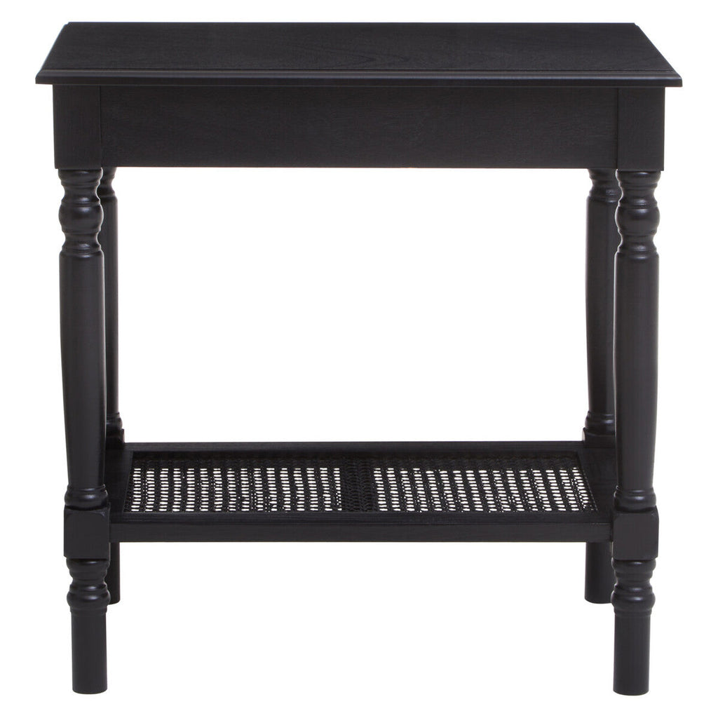 Black Wooden Side Table with Rattan Shelf
