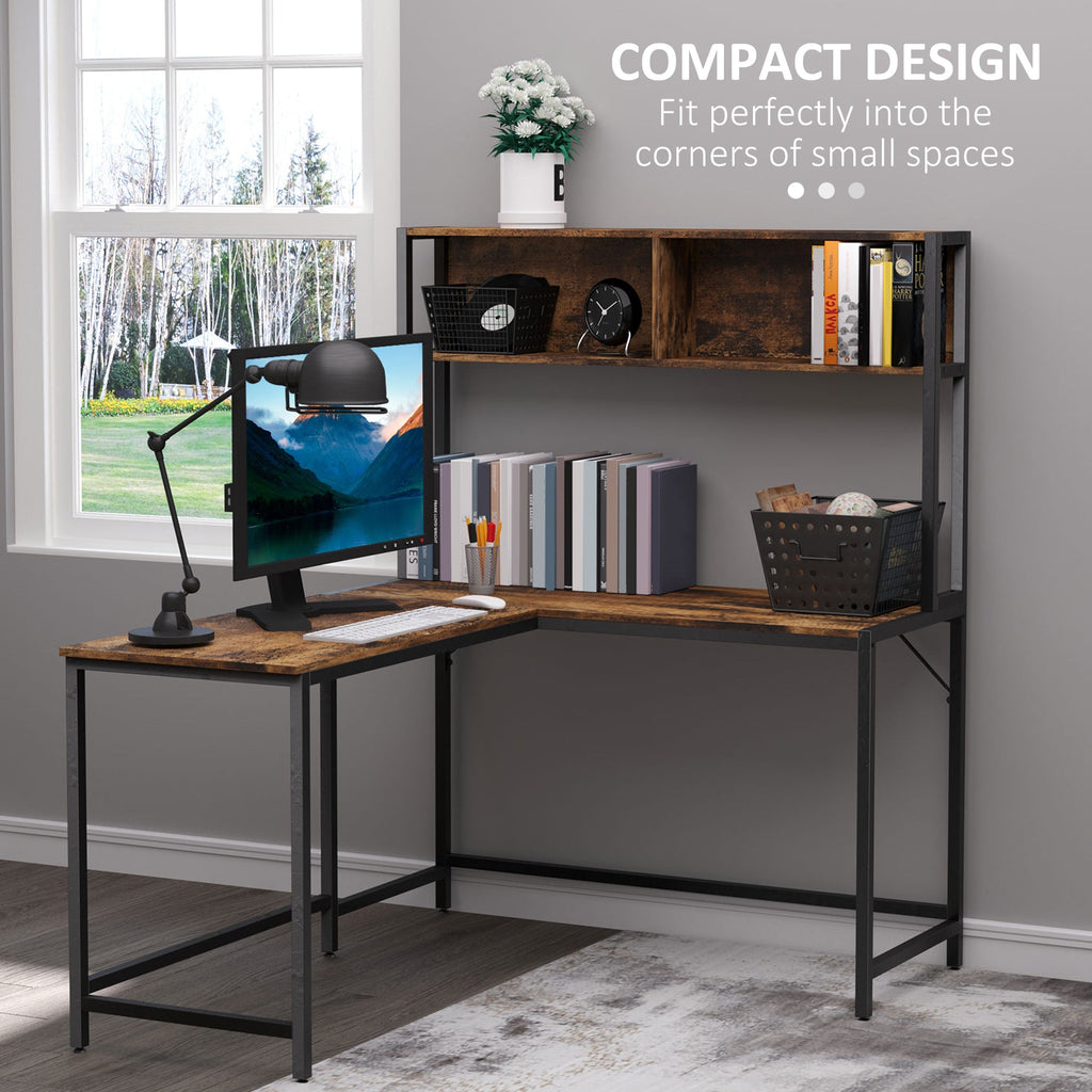 Reversible L Shaped Desk with Hutch, Industrial Computer Desk, Corner Desk with Storage Compartments and Steel Frame for Home Office, Study, 140 x 125cm, Brown