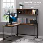 Reversible L Shaped Desk with Hutch, Industrial Computer Desk, Corner Desk with Storage Compartments and Steel Frame for Home Office, Study, 140 x 125cm, Brown
