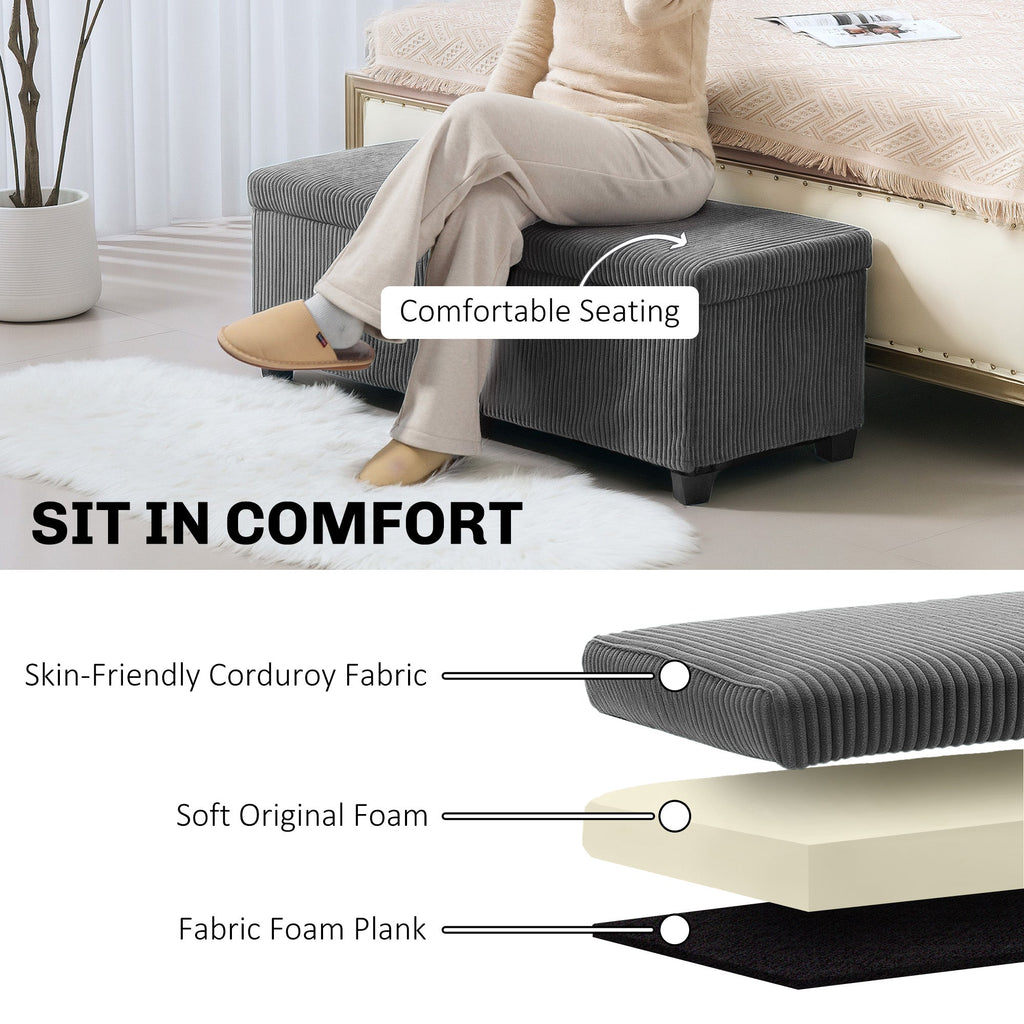 Storage Ottoman Bench, Corduroy Footstool with Removable Lid and Legs, 112cm, Grey