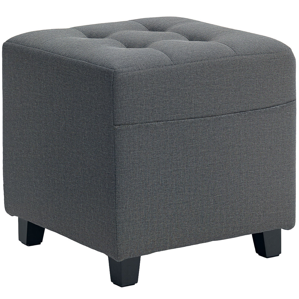 Square Footstool, Small Ottoman with Side Pocket, Linen Fabric Footrest with Rubber Wood Legs and Padded Seat for Living Room, Bedroom, Entryway, 35 x 35 x 35cm, Grey Grey