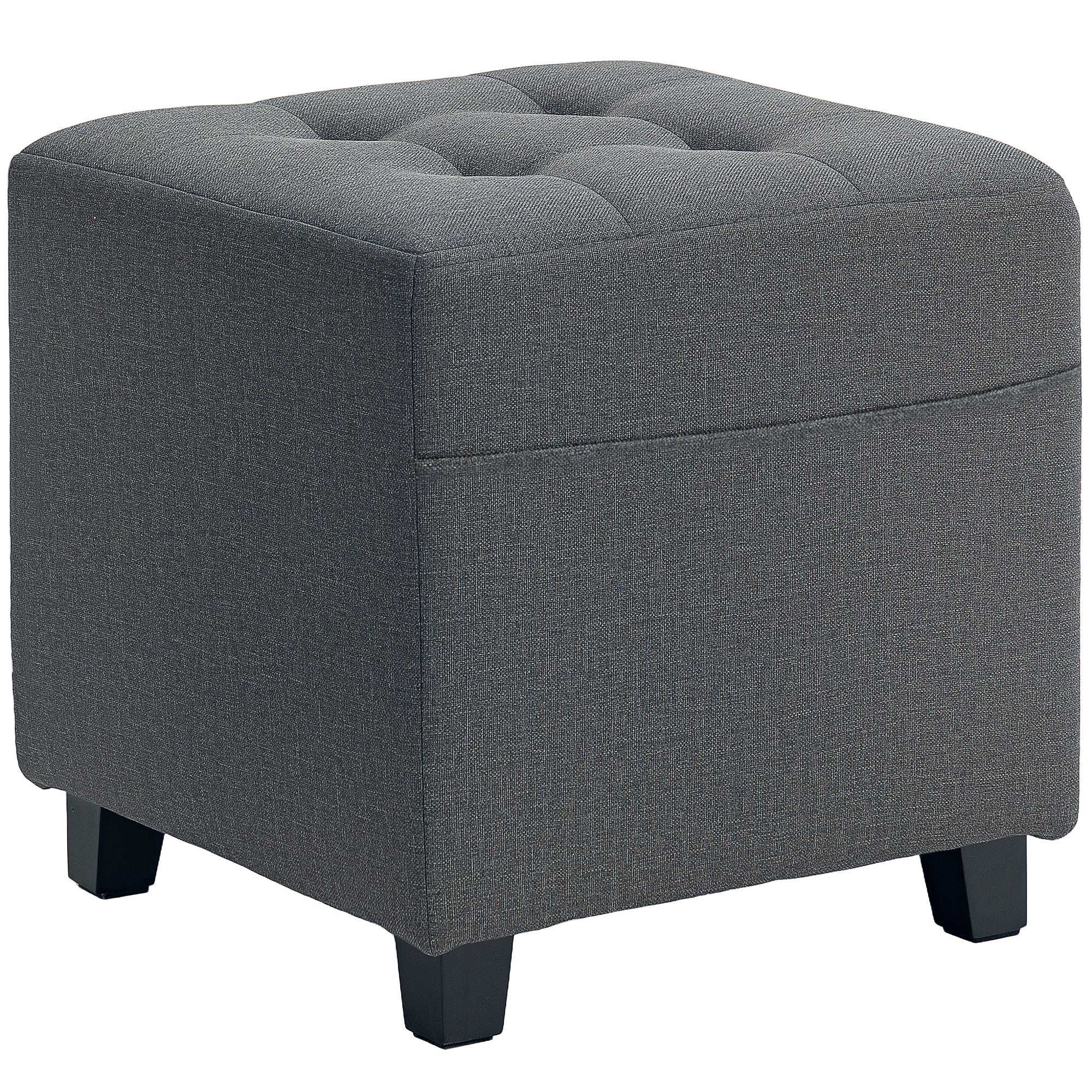 Square Footstool, Small Ottoman with Side Pocket, Linen Fabric Footrest with Rubber Wood Legs and Padded Seat for Living Room, Bedroom, Entryway, 35 x 35 x 35cm, Grey Grey