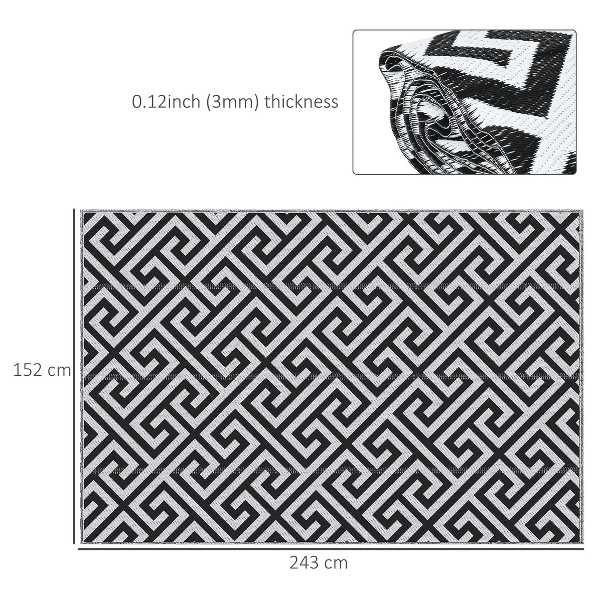 121 x 182 cm (4x6ft) Outdoor Rug Reversible Mat Plastic Straw Rug Portable RV Camping Mat for Garden Deck Picnic Indoor, Black & White