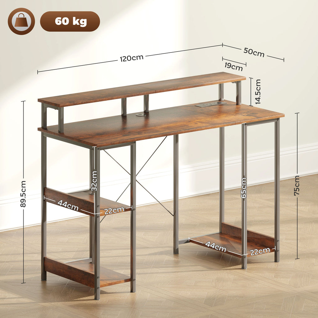 Computer Desk with Power Outlets and LED Lights, 120 x 50cm Reversible Home Office Desk with Monitor Stand and 2-Tier Storage Shelves, Gaming Desk with Cable Management, Rustic Brown