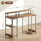 Computer Desk with Power Outlets and LED Lights, 120 x 50cm Reversible Home Office Desk with Monitor Stand and 2-Tier Storage Shelves, Gaming Desk with Cable Management, Rustic Brown