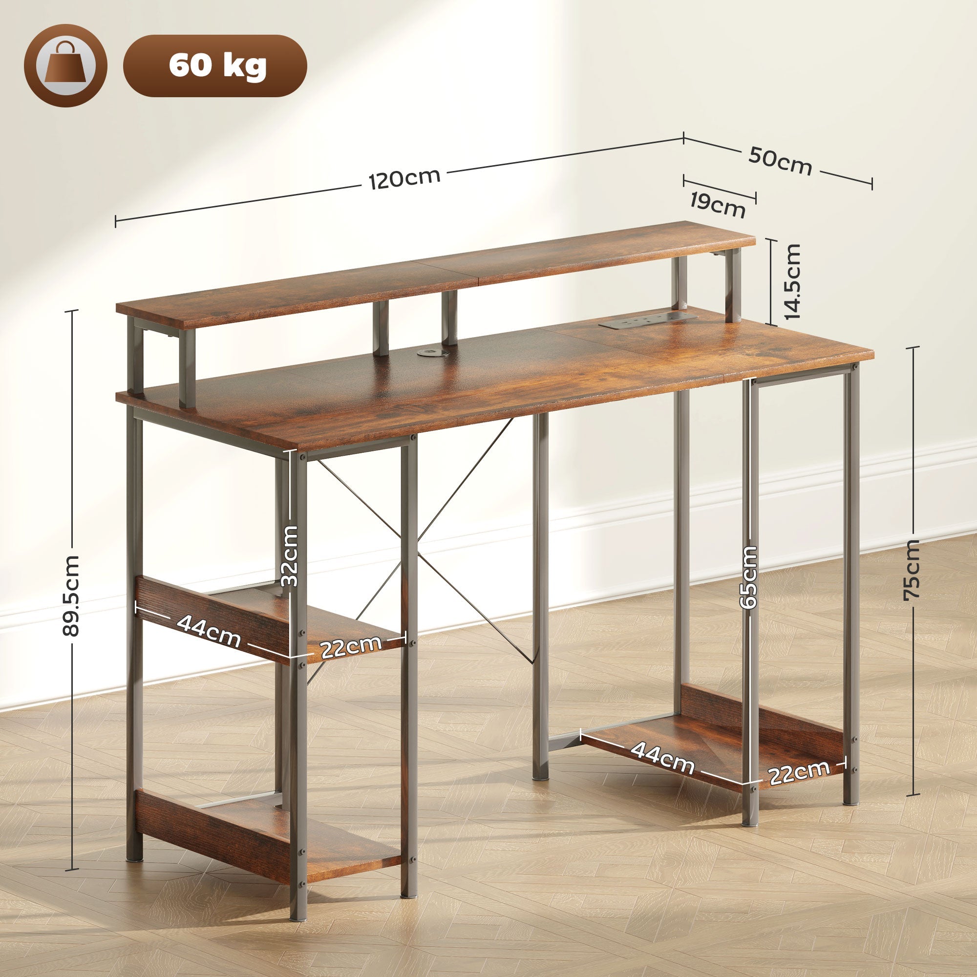 Computer Desk with Power Outlets and LED Lights, 120 x 50cm Reversible Home Office Desk with Monitor Stand and 2-Tier Storage Shelves, Gaming Desk with Cable Management, Rustic Brown