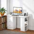 Computer Desk, Writing Table, PC Workstation with 3 Storage Shelves and Drawers, Silver Handle, for Home Office, White