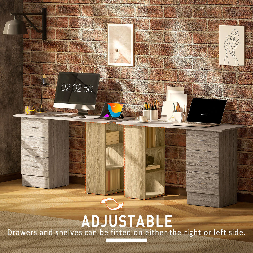 Computer Desk, Writing Table, PC Workstation with 3 Storage Shelves and Drawers, Silver Handle, for Home Office, Grey
