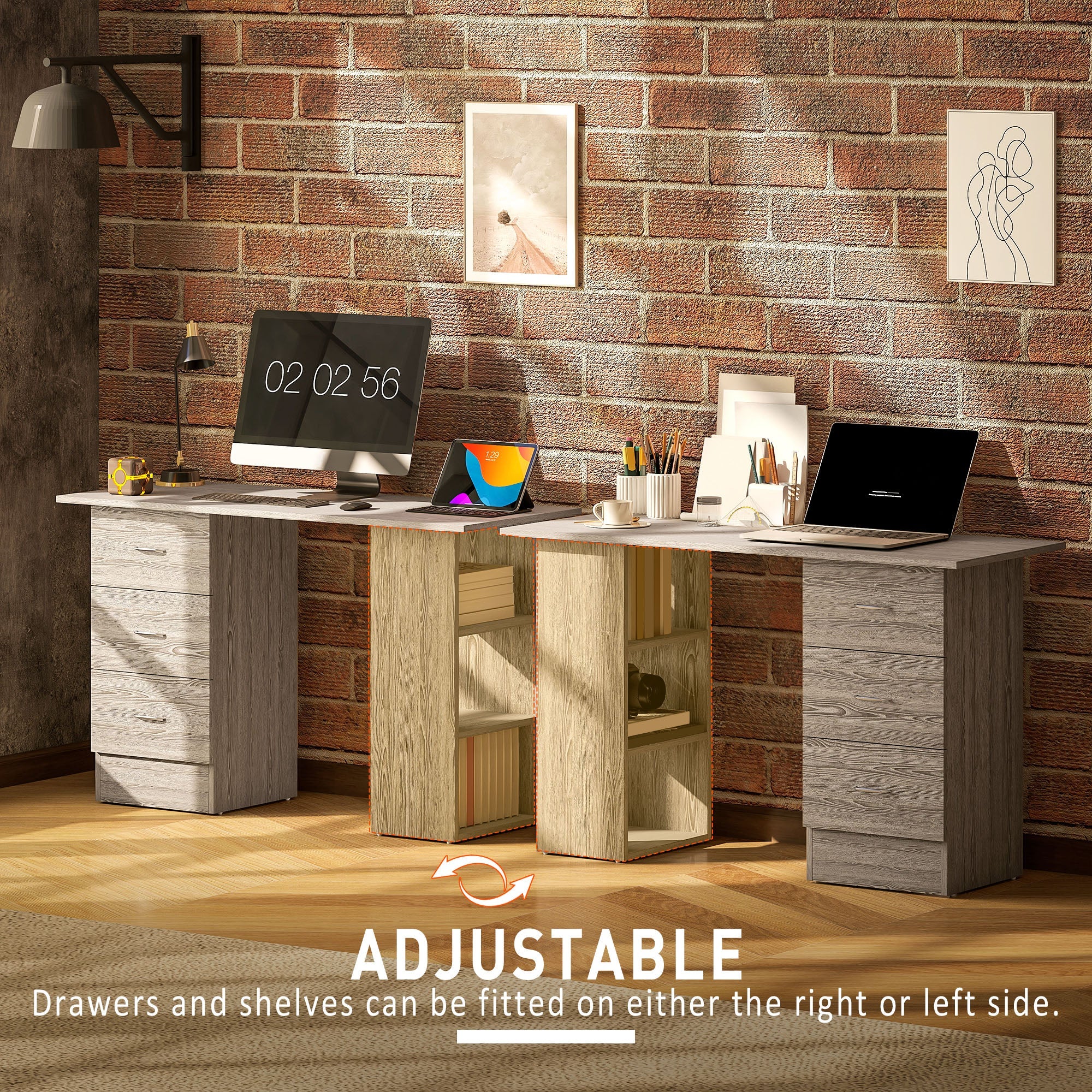 Computer Desk, Writing Table, PC Workstation with 3 Storage Shelves and Drawers, Silver Handle, for Home Office, Grey