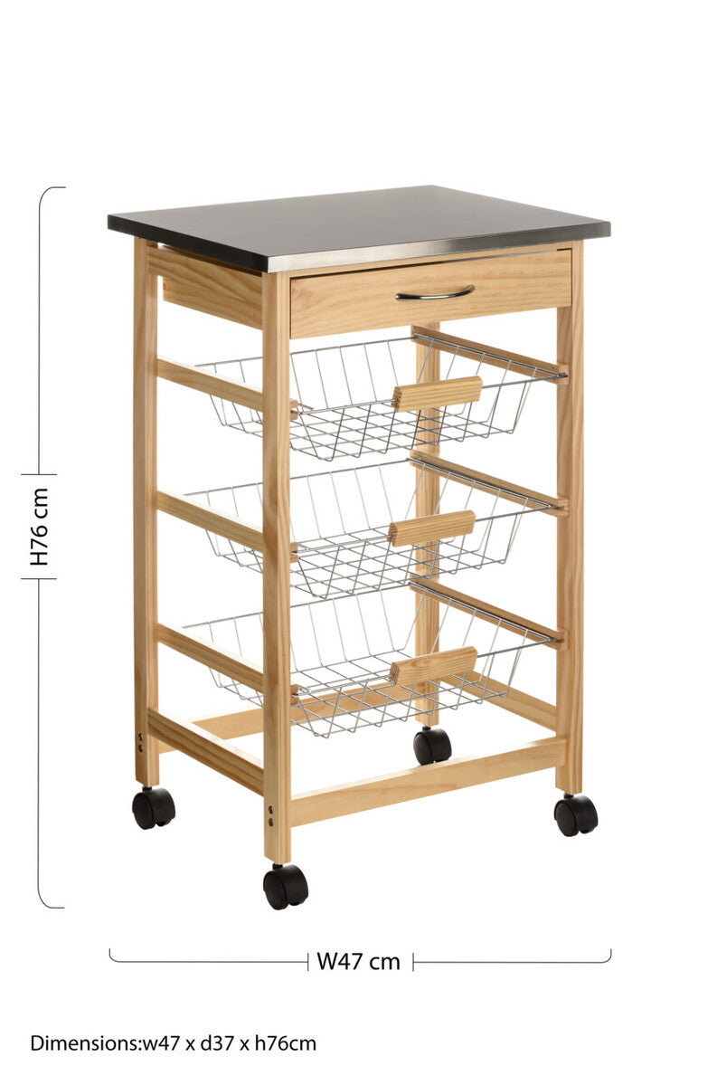 Silver Pinewood Kitchen Trolley with Drawer and Baskets