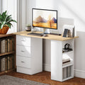 Computer Desk, Writing Table, PC Workstation with 3 Storage Shelves and Drawers, Silver Handle, for Home Office, Natural Wood Finish and White Natural wood finish