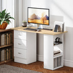 Computer Desk, Writing Table, PC Workstation with 3 Storage Shelves and Drawers, Silver Handle, for Home Office, Natural Wood Finish and White Natural wood finish