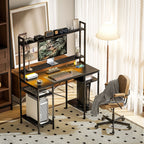 Computer Desk with Power Outlets and LED Lights, Home Office Desk with Monitor Stand and 2 CPU Stands, Study Table Gaming Desk with Hutch, Black