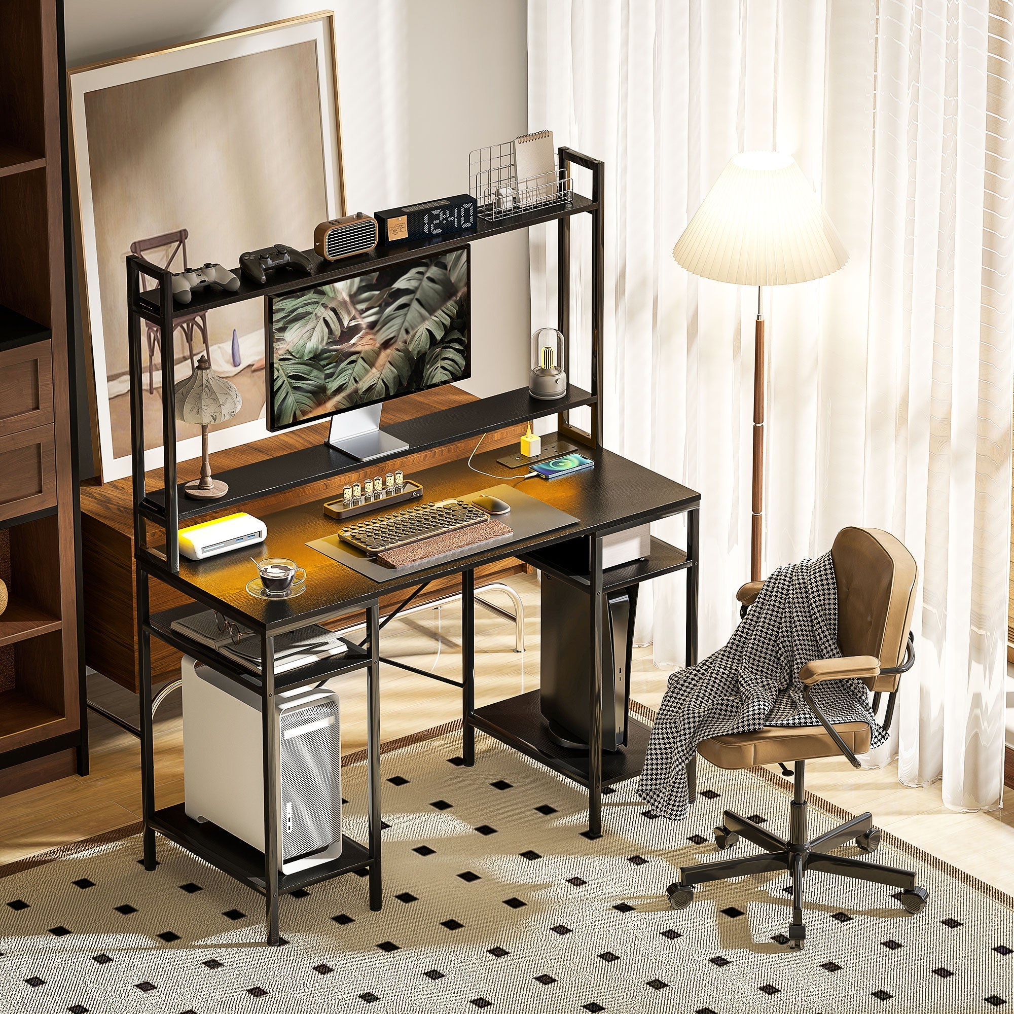 Computer Desk with Power Outlets and LED Lights, Home Office Desk with Monitor Stand and 2 CPU Stands, Study Table Gaming Desk with Hutch, Black