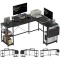 168cm Reversible L Shaped Desk, Industrial Corner Computer Desk with Adjustable Shelf and Storage Bag, 240cm 2 Person Desk with Monitor Stand, Black Black