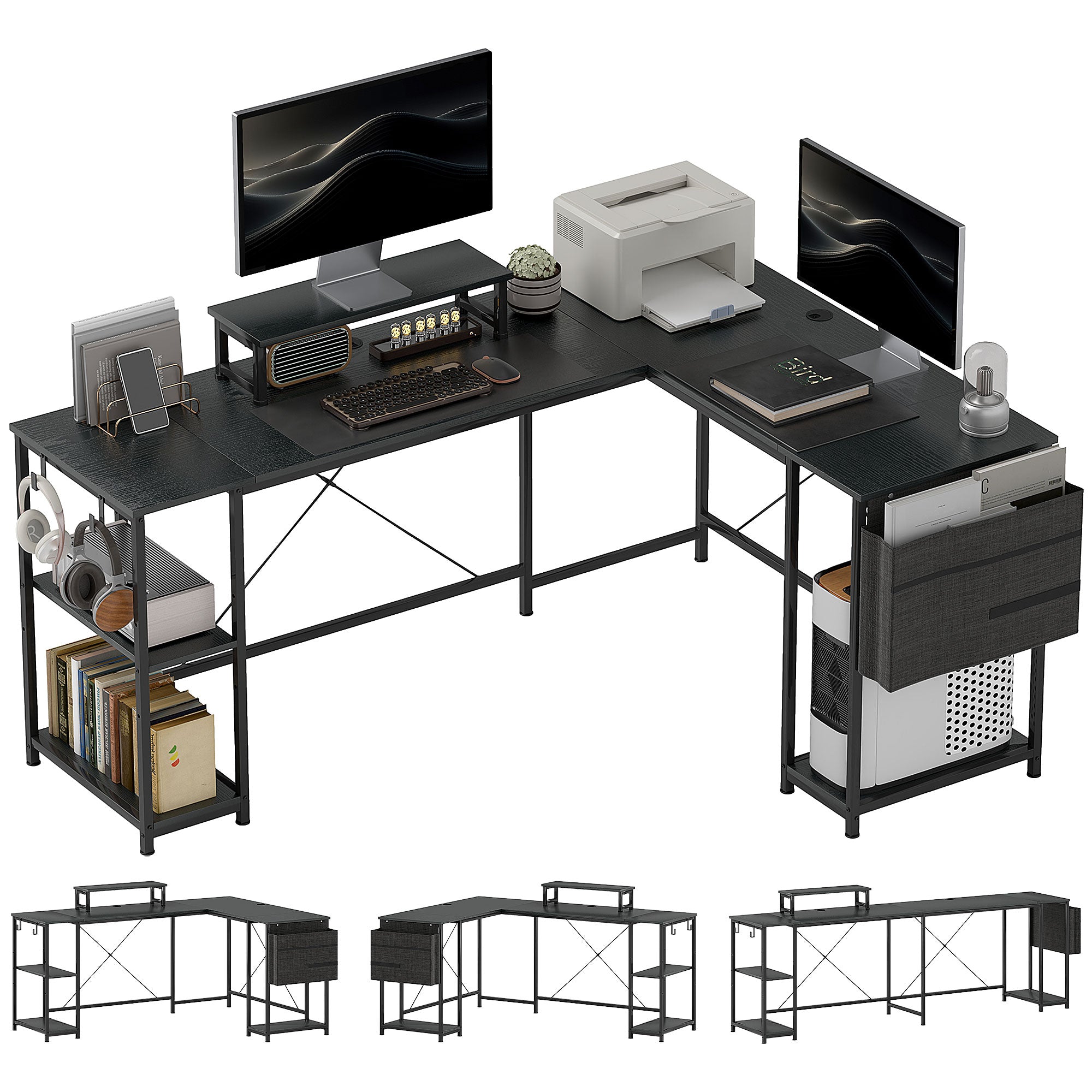 168cm Reversible L Shaped Desk, Industrial Corner Computer Desk with Adjustable Shelf and Storage Bag, 240cm 2 Person Desk with Monitor Stand, Black Black