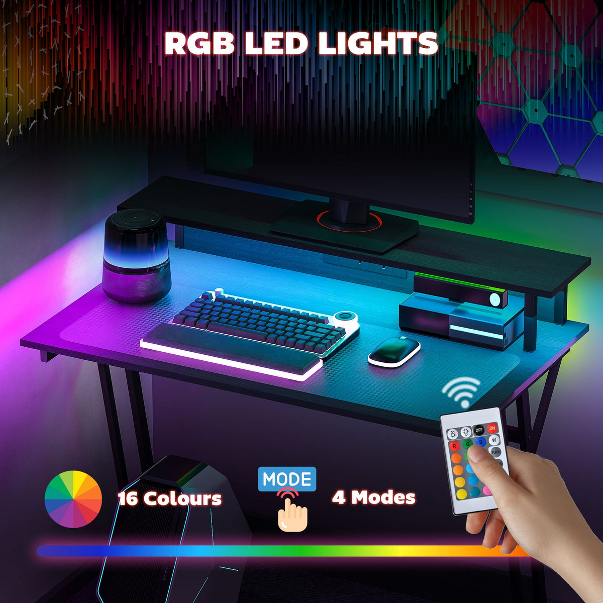 LED Gaming Desk with Power Outlets and Monitor Stand 100 x 60cm Black