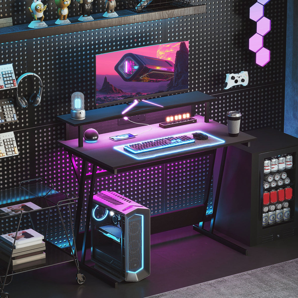 LED Gaming Desk with Power Outlets and Monitor Stand 100 x 60cm Black