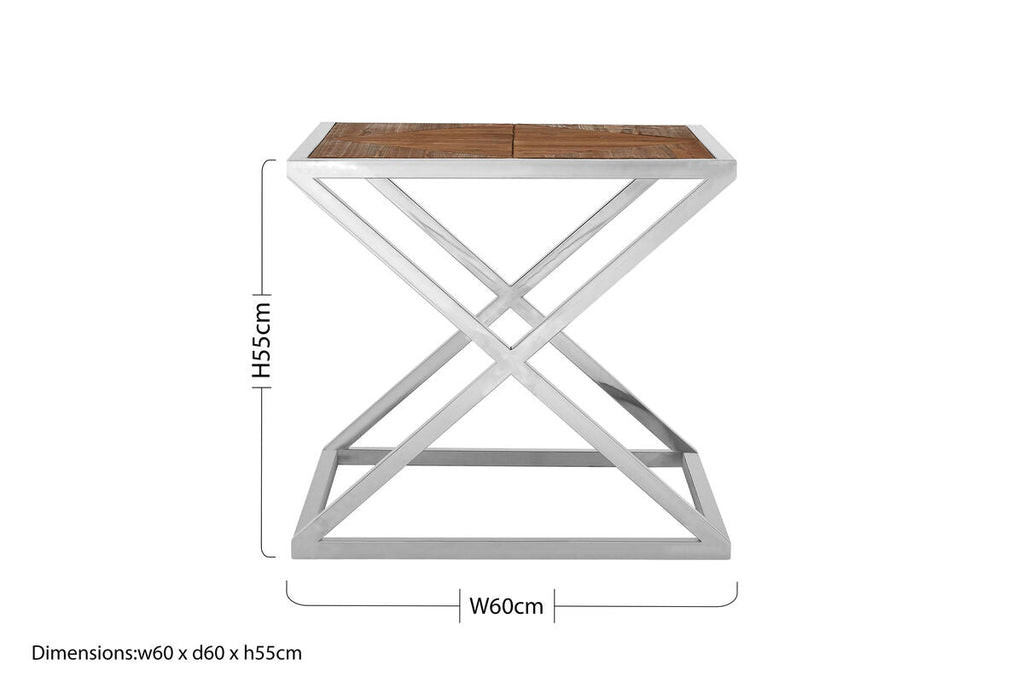 Natural Wood Veneer and Silver Finish Side Table