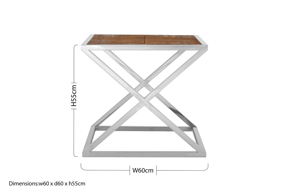 Natural Wood Veneer and Silver Finish Side Table