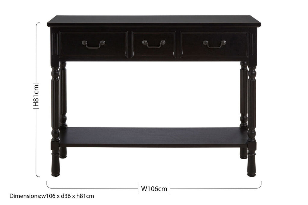 Vintage Black Wooden 3 Drawer Console Table with Lower Shelf