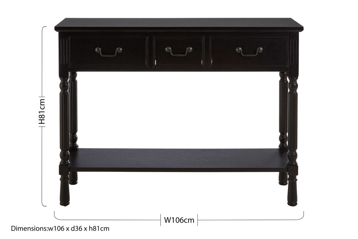 Vintage Black Wooden 3 Drawer Console Table with Lower Shelf