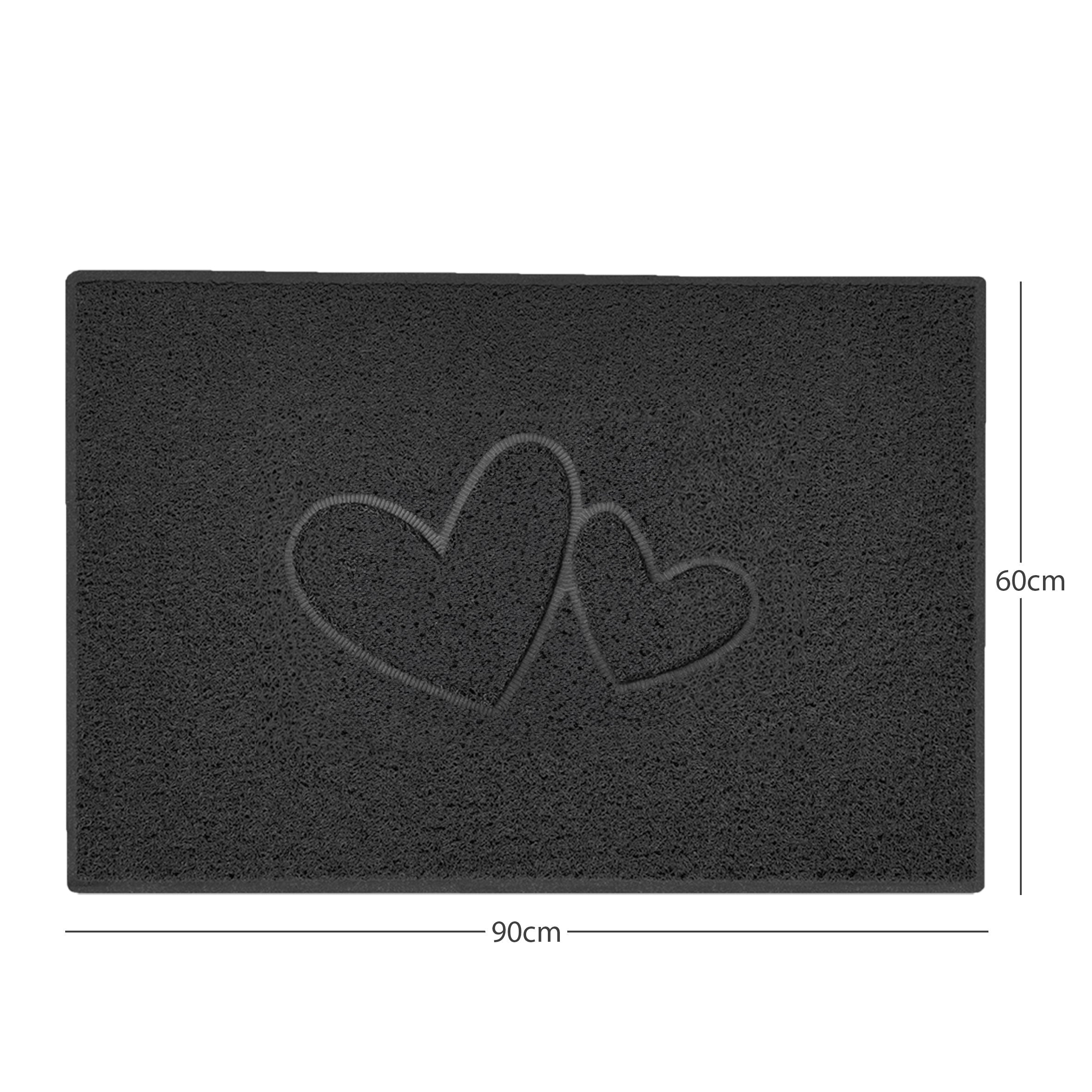 "Double Heart" Embossed Loofah Textured Spaghetti Doormat Black 90cm x 60cm