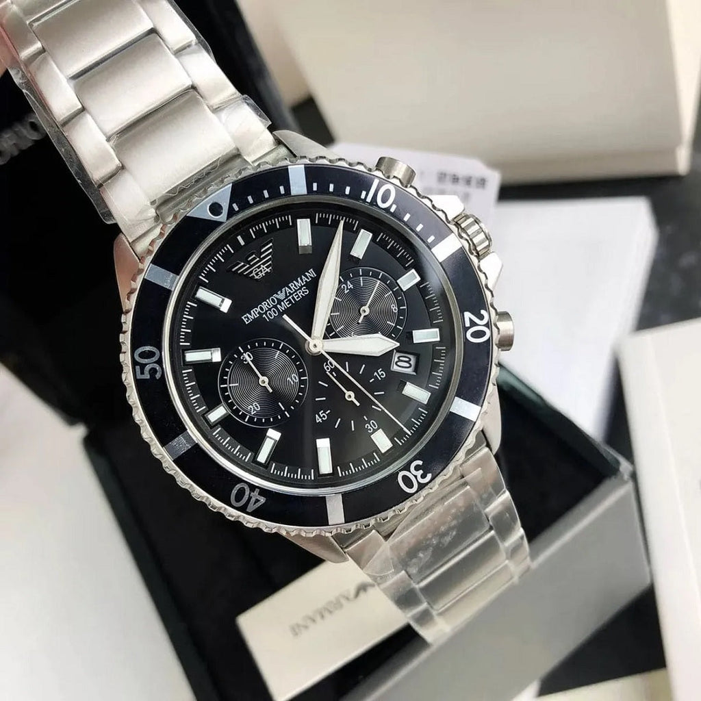 Emporio Armani AR11360 Men's Diver Style Silver & Black Watch