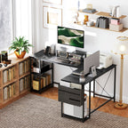 168cm Reversible L Shaped Desk, Industrial Corner Computer Desk with Adjustable Shelf and Storage Bag, 240cm 2 Person Desk with Monitor Stand, Black