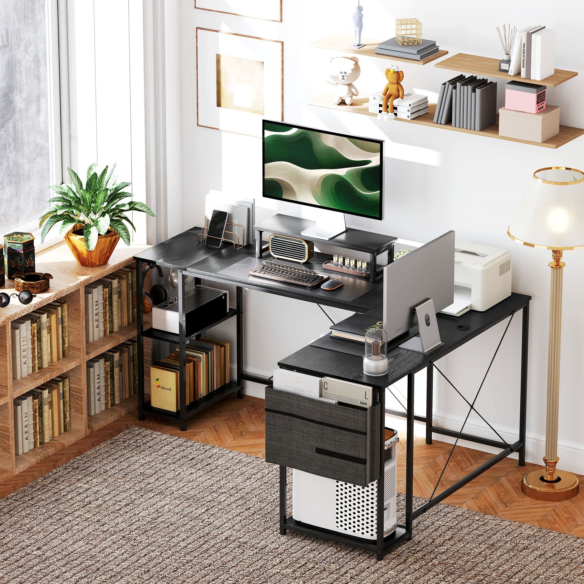 168cm Reversible L Shaped Desk, Industrial Corner Computer Desk with Adjustable Shelf and Storage Bag, 240cm 2 Person Desk with Monitor Stand, Black