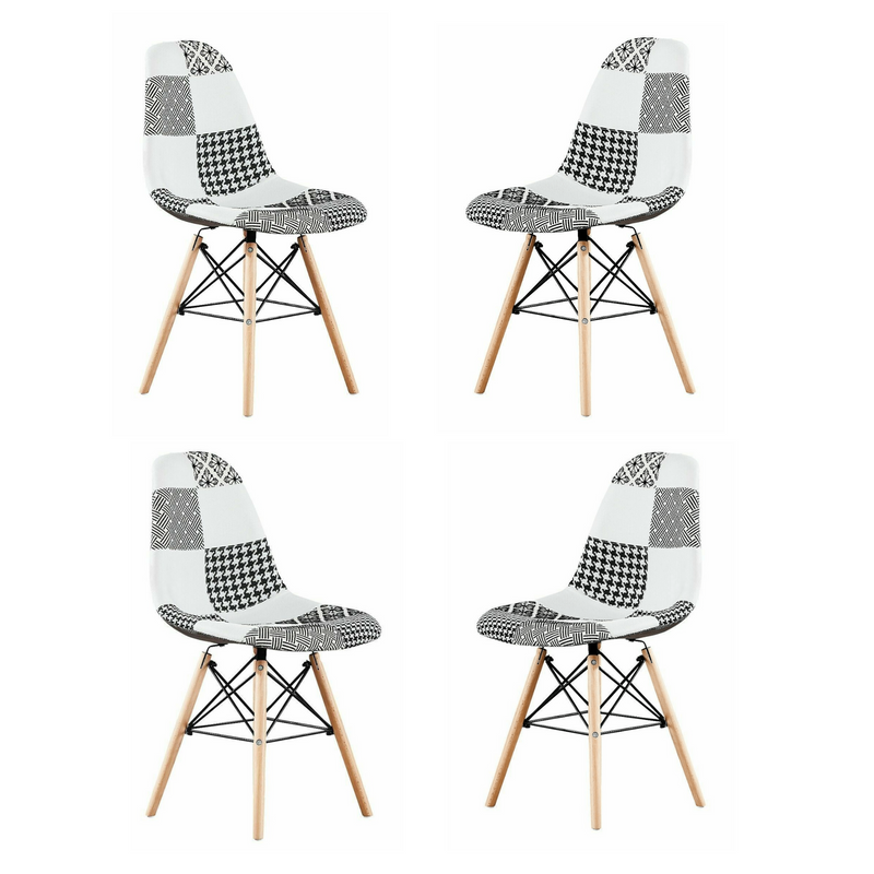 Black/White Patchwork Modern Dining Chair with Wooden Legs & Black Metal Wire Frame Set of 4