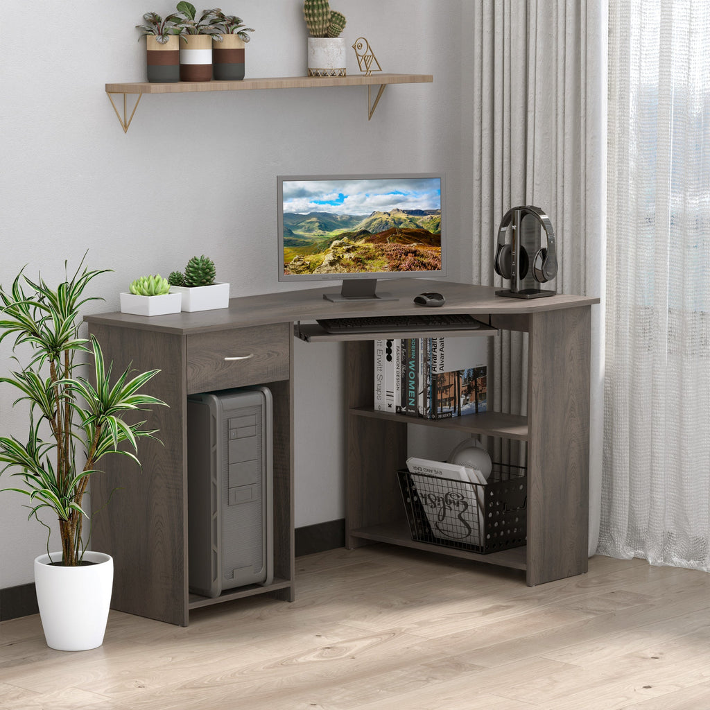 L-Shaped Corner Computer Desk with 2 Shelves, Wide Worktop, Keyboard Tray, Drawer and CPU Stand, Home Office Study Bedroom Furniture, Grey