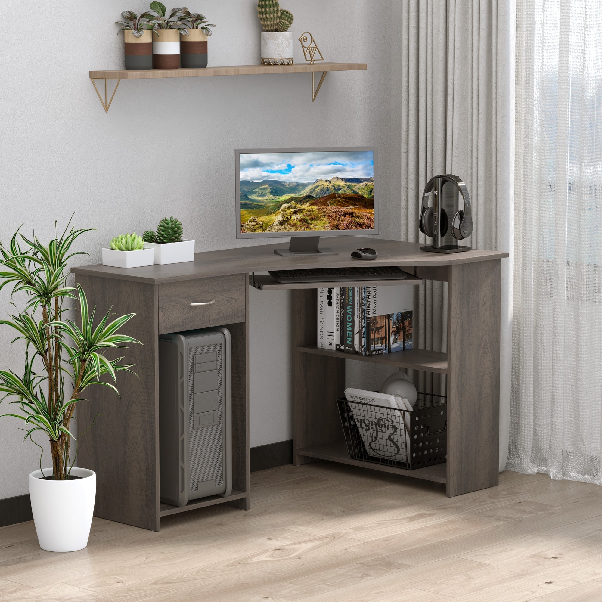 L-Shaped Corner Computer Desk with 2 Shelves, Wide Worktop, Keyboard Tray, Drawer and CPU Stand, Home Office Study Bedroom Furniture, Grey