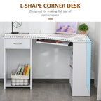 L-Shaped Corner Computer Desk with 2 Shelves, Wide Worktop, Keyboard Tray, Drawer and CPU Stand, Home Office Study Bedroom Furniture, White