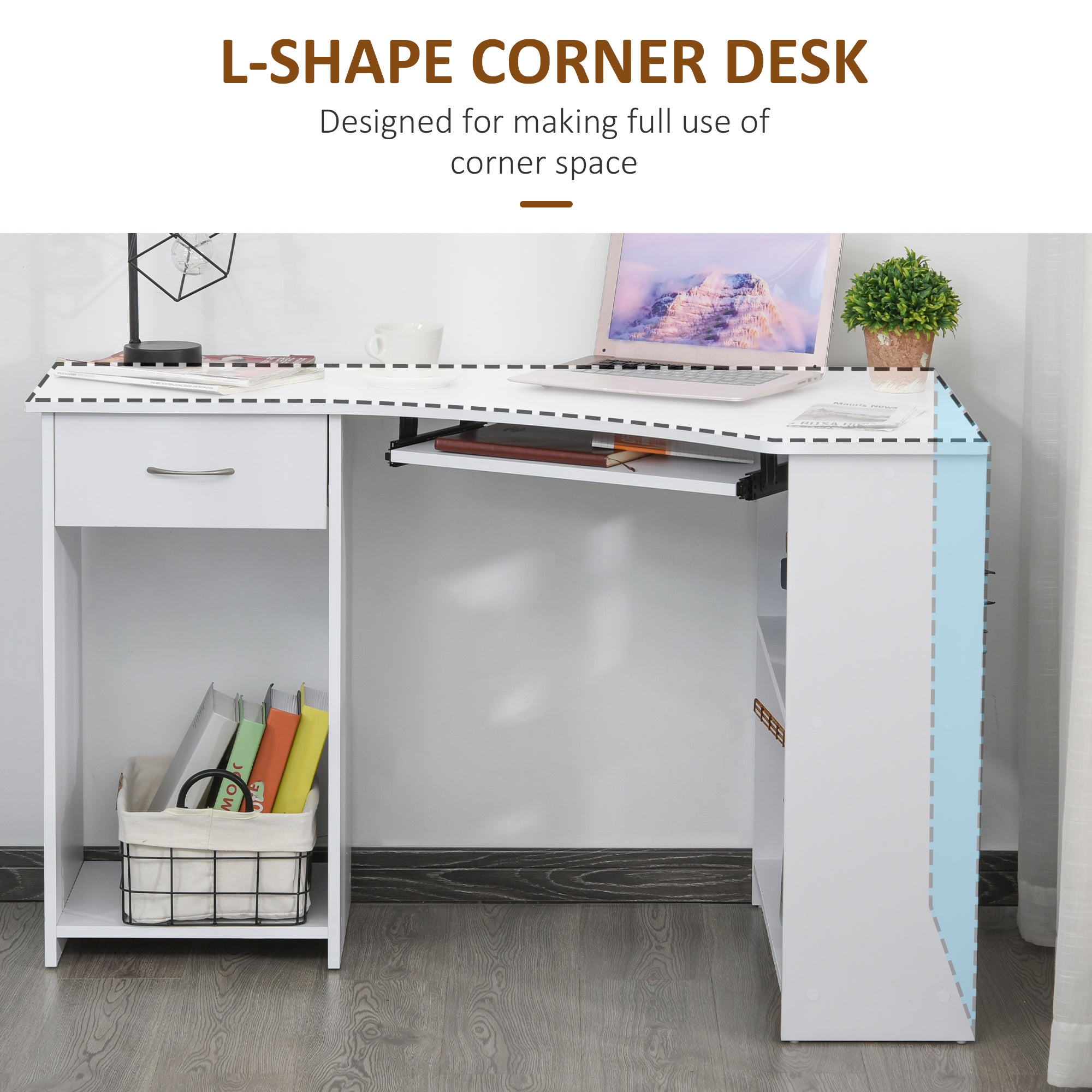 L-Shaped Corner Computer Desk with 2 Shelves, Wide Worktop, Keyboard Tray, Drawer and CPU Stand, Home Office Study Bedroom Furniture, White