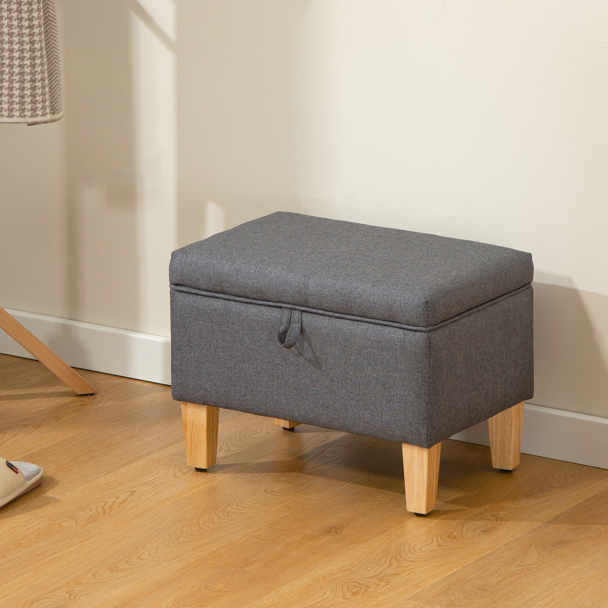 16L Linen Storage Ottoman Padded Footstool with Rubberwood Legs, Charcoal Grey Charcoal grey