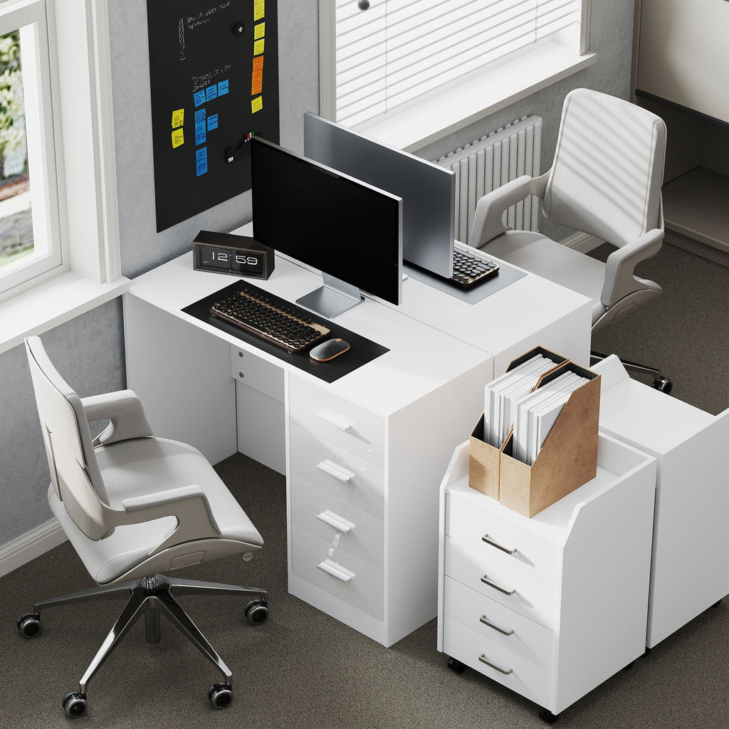 Computer Desk with Drawers, Dressing Table, High Gloss Home Office Writing Workstation, White