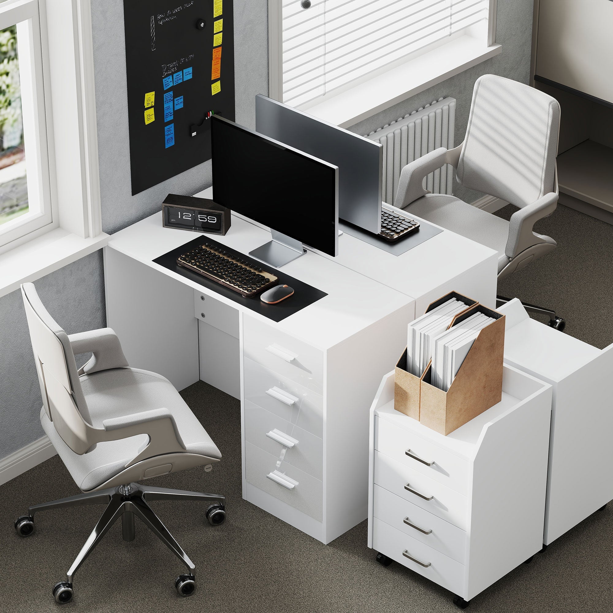 Computer Desk with Drawers, Dressing Table, High Gloss Home Office Writing Workstation, White