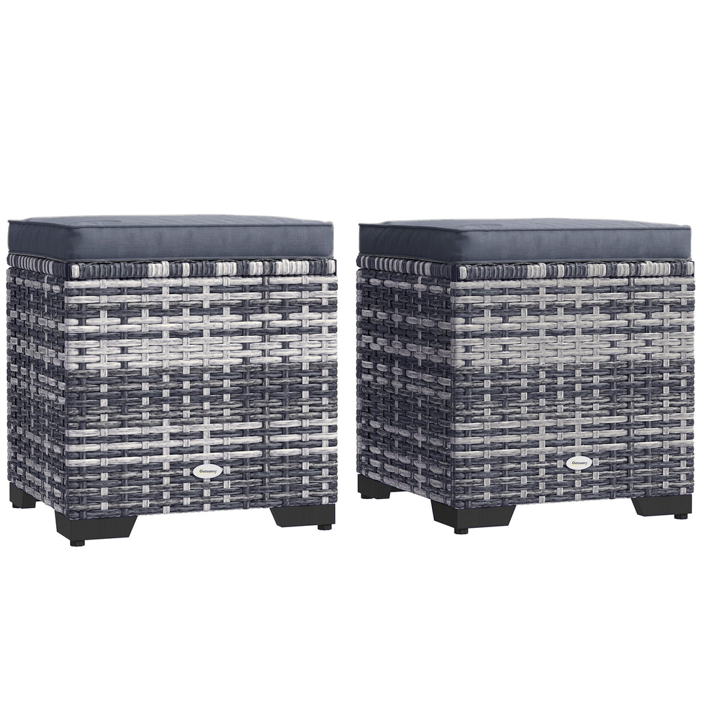Set of 2 Rattan Storage Ottoman, Outdoor Footstool with Removable Cushions, Dark Grey Dark Grey