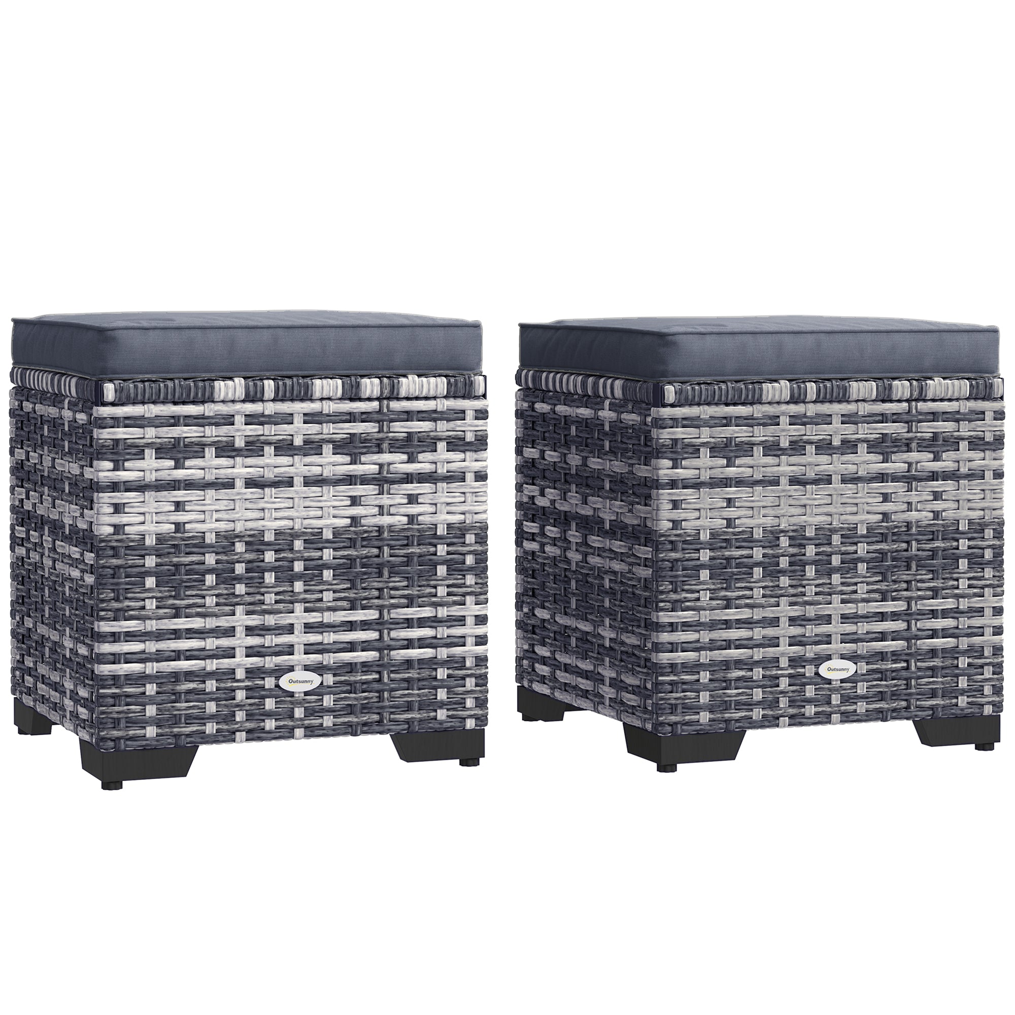 Set of 2 Rattan Storage Ottoman, Outdoor Footstool with Removable Cushions, Dark Grey Dark Grey