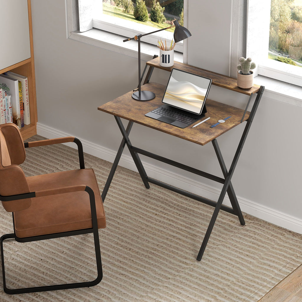 Folding Computer Desk with Monitor Shelf - Rustic Brown 81.5 cm