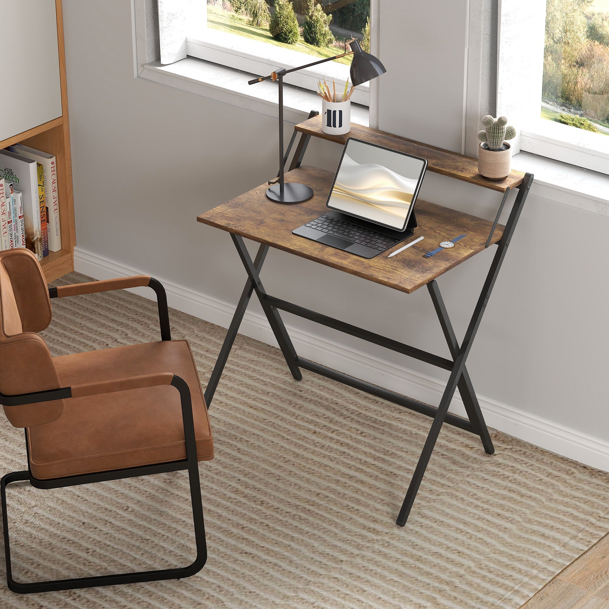Folding Computer Desk with Monitor Shelf - Rustic Brown 81.5 cm