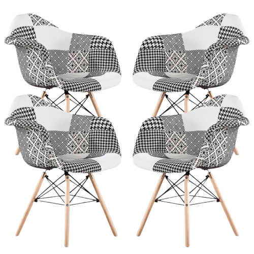 5PCs Dining Set - a Black Halo Dining Table & Set of 4 Black/White Patchwork Accent Chairs
