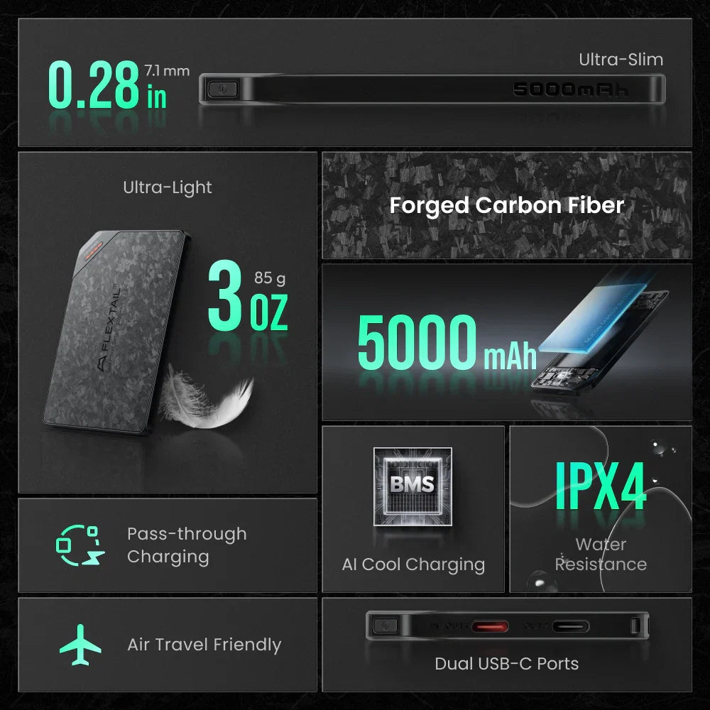 Flextail ZERO POWER 5,000C - The World's Lightest & Thinnest 5,000mAh Power Bank (85g)