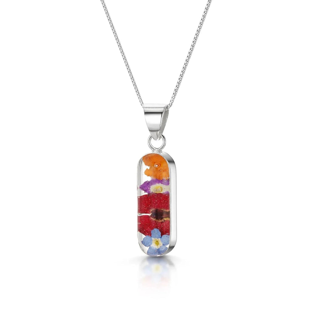 Mixed Flower & Poppy Oval Pendant Necklace Sterling silver