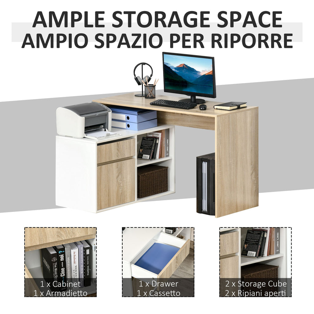 L-Shaped Desk, Corner Computer Desk with Storage Drawer, Adjustable Shelf, Cabinet for Home Office and Study, 120 x 92 x 75cm, Oak and White