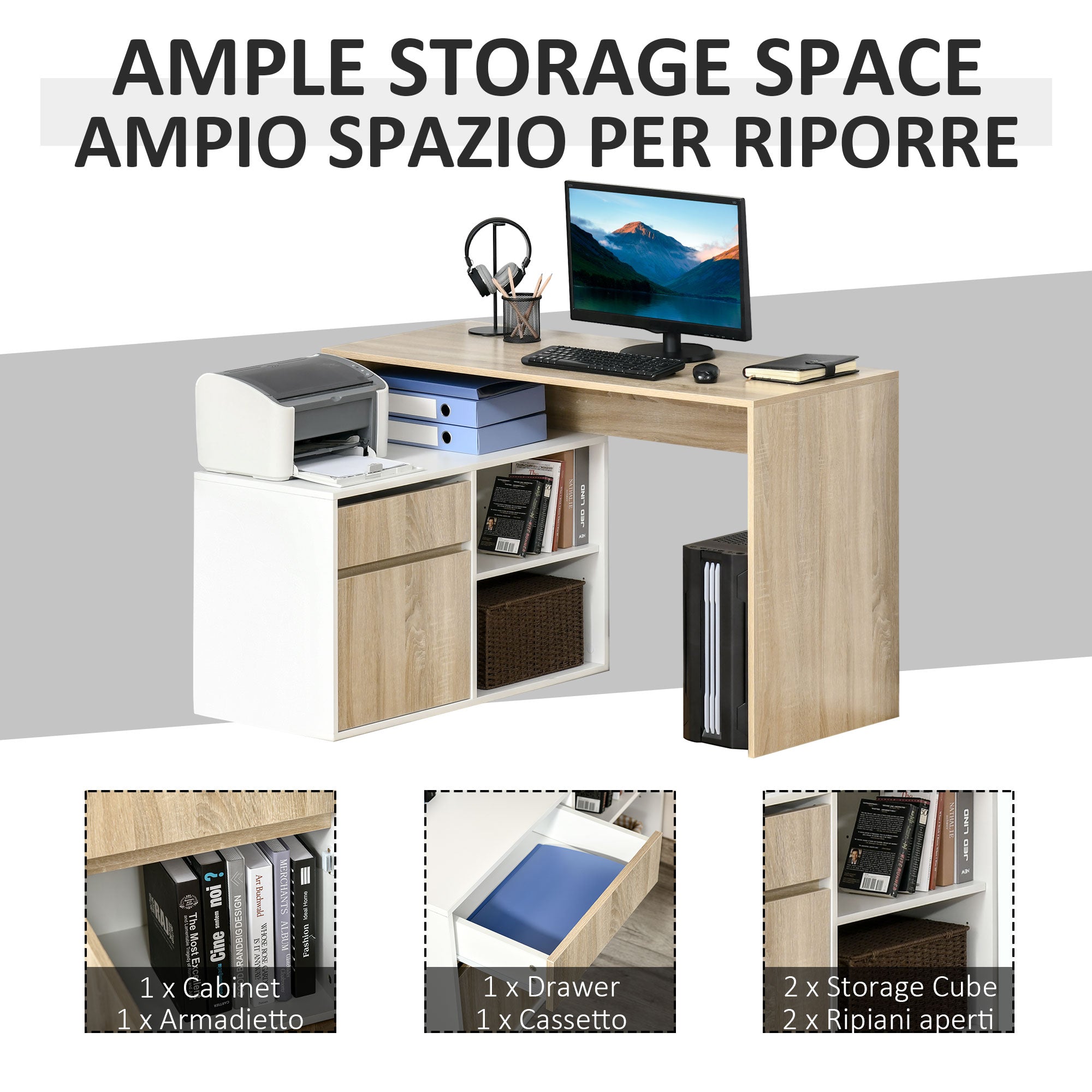 L-Shaped Desk, Corner Computer Desk with Storage Drawer, Adjustable Shelf, Cabinet for Home Office and Study, 120 x 92 x 75cm, Oak and White